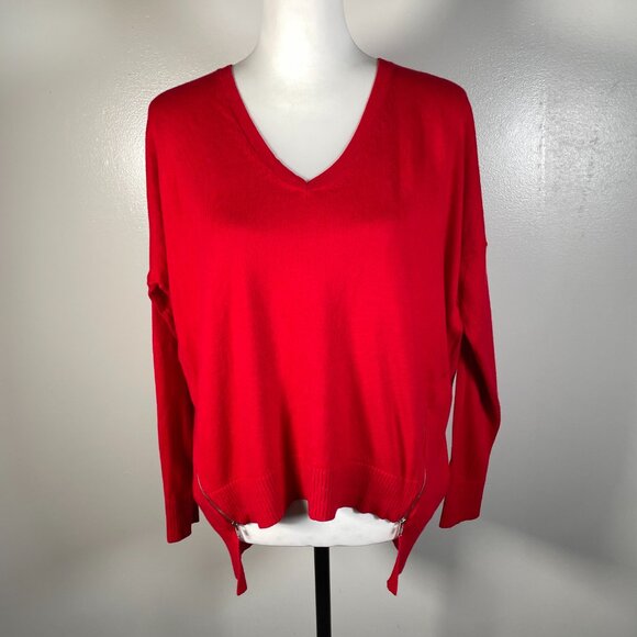 Express Red V Neck Tight Knit Zip Front Long Sleeve Pullover Sweater SP - Picture 2 of 13